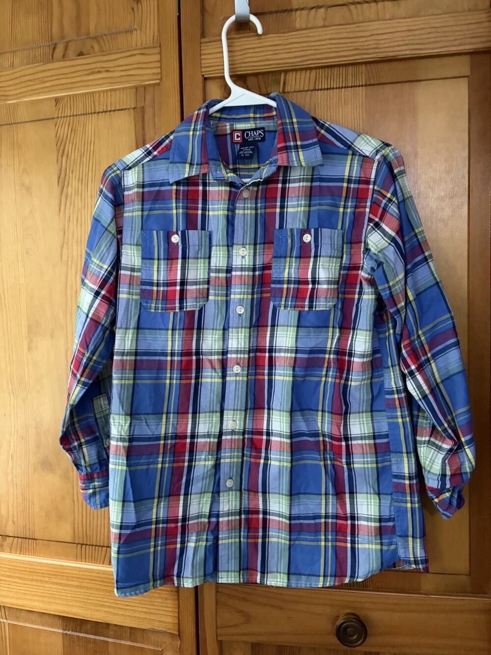 Boys Sport Shirt Chaps Blue Flannel Plaid Long Sleeve Button Up Size M (10-12)
